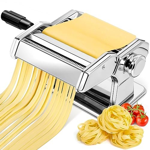 Machine à pâtes manuelle en acier inoxydable avec 2 largeurs, rouleau et coupeur en acier inoxydable, 7 épaisseurs réglables pour pâtes, spaghettis, fettuccine, lasagne. Préparez facilement toutes vos pâtes maison avec la machine YASHE QF-150.