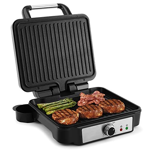 YASHE Grillette Contact, Grille à Panini 4 Tranches, Plaques Antiadhésives, 1800W avec Contrôle de Température, Indicateur LED, Ouverture à 180 Degrés, Bac de Récupération Amovible, Noir