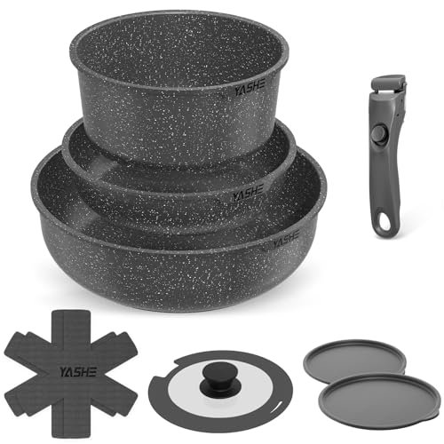 YASHE Ensemble de casseroles et poêles de 9 pièces, batterie de cuisine antiadhésive, empilable, pour tous les types de cuisinières, poignées amovibles, allant au four, gain de place, noir