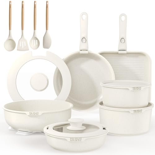YASHE Ensemble de 21 casseroles et poêles, revêtement antiadhésif, poignées amovibles et couvercle en verre, compatible induction, résistant au four, empilable, blanc